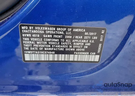 2017 Volkswagen Passat R-Line z USA, uszkodzony, nr VIN 1VWDT7A31HC074948